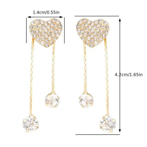 Gold Toned Heart Drop Earrings With Rhinestone Accents &‎ Dangling Crysta… - Picture 2 of 3